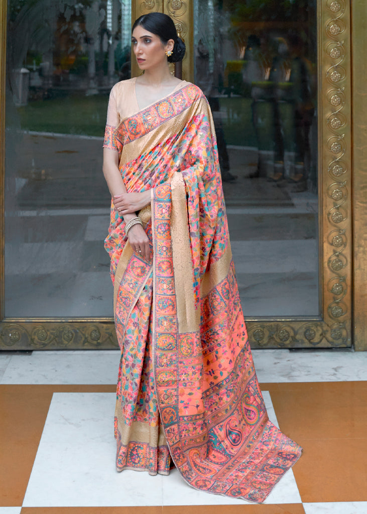 Peach Banarasi Silk Wedding Wear Saree With Blouse